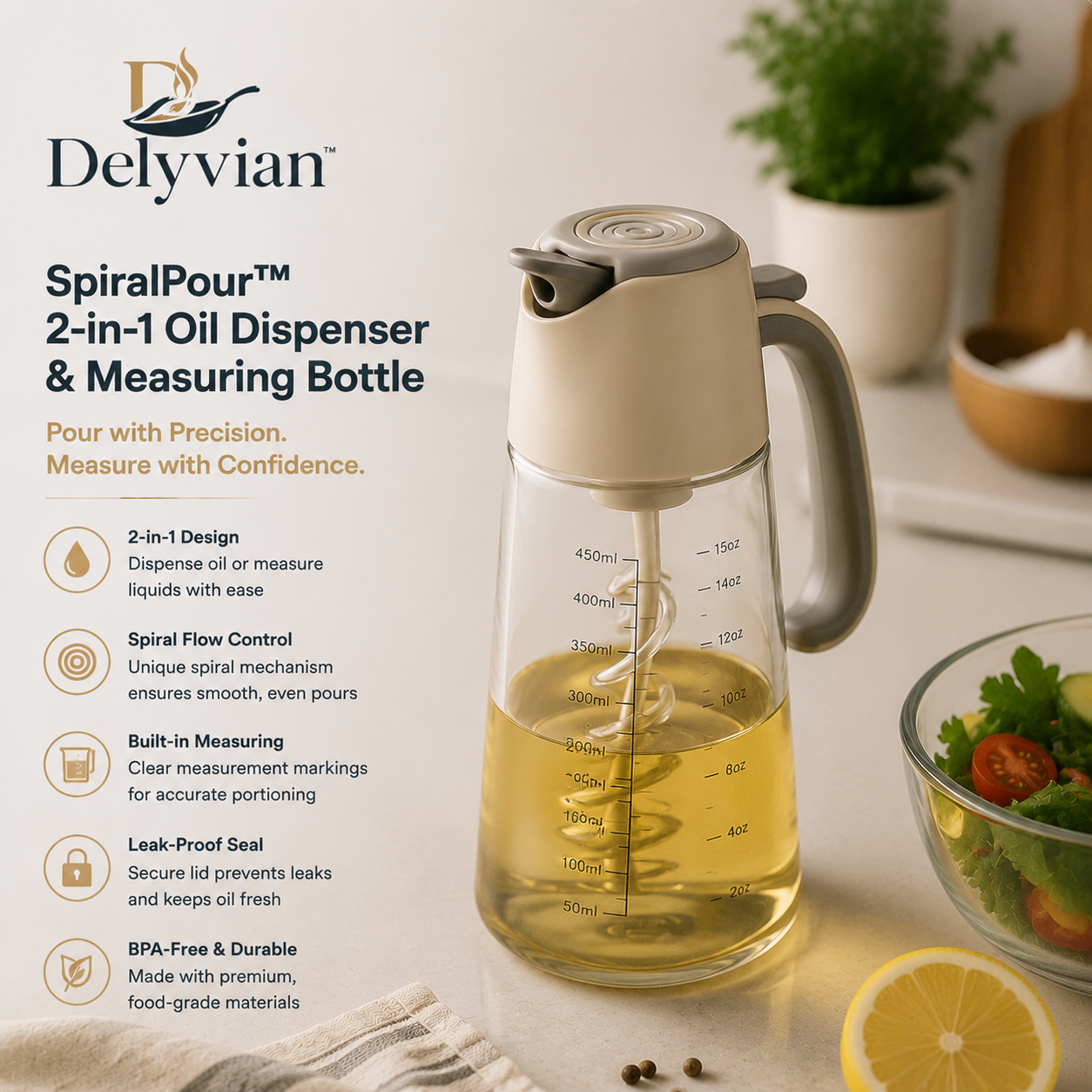 Delyvian™ SpiralPour 2-in-1 Oil Dispenser & Measuring Bottle
